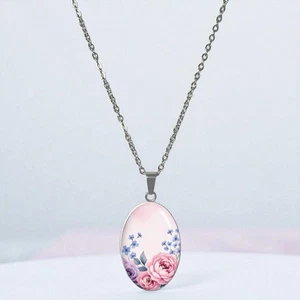 Halskette Mit Anhänger Oval Silber  Kette Frau Schmuck Damen Rosa Blume Geschenk - Bild 1 von 4