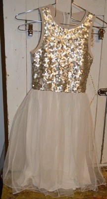 VESTIDO FEMININO ABERCROMBIE INFANTIL CHAMPANHE BEGE MARFIM LANTEJOULAS SEM MANGAS 11/12 - Imagem 1 de 4