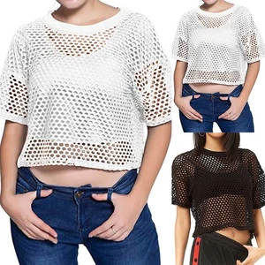 Through Womens Casual Crop See Sexy Summer T-Shirt Hot Mesh Stylish - Reliable - Picture 1 of 12