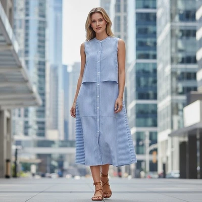 🌻NUEVO (con etiqueta) Vestido ECI Retro Azul y Blanco Cuello Alto Botón Recortado Talla 12. Foto 1 de 4