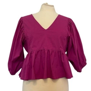 Karlie Crop Peplum Puff Sleeve Top Magenta Size Large NWT - Picture 1 of 6