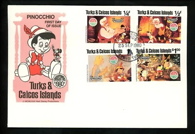 Postal History Disney FDC #442-450 SET OF 2 Turks & Caicos Pinocchio 1980 - Image 1 of 4