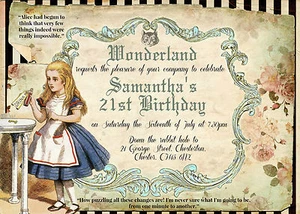 6 Alice in Wonderland Personalised Invitations with Envelopes - Any Occasion - Picture 1 of 3