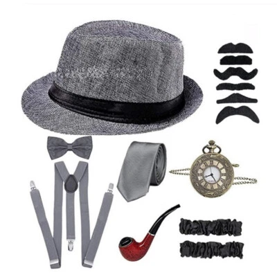 Conjunto de accesorios de disfraz de gángster Gatsby de la década de 1920 para hombre boina sombrero tirantes espalda en Y Foto 1 de 4