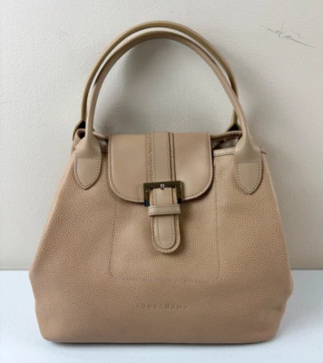 LONGCHAMP Light Coffee Pebbled Leather HANDBAG Tote Bag PURSE Buckle Accent - Image 1 of 4