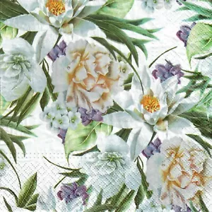 4 x Single Paper Napkins for Decoupage Craft Table White Flowers 110 - Picture 1 of 1