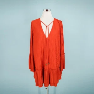 Free People Size Small S Red Can't Help It Mini Pleated V Neck Long Sleeve Dress - Imagen 1 de 9