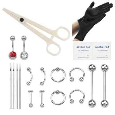 21 Pcs Professional Body Piercing Tool Kit Ear Nose Navel Nipple Needles Set