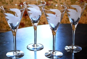 Vintage Set 4 FROSTED SWIRL CUT LEAF Crystal Water Goblets 8 1/8" Midcentury Mod - Picture 1 of 21