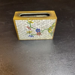 Chinese Cloisonne Enamel & Bronze Matchbox Holder with Flowers Antique 20th Cent - Picture 1 of 8