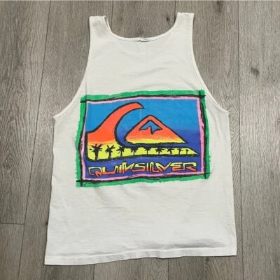 Camiseta sin mangas vintage años 80 quiksilver blanca para hombre mediana hawaiana surf camisa doble Foto 1 de 4