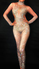 Sparkly Crystals Nude Jumpsuit Stretch Stones Outfit Bodysuit Costume Dress