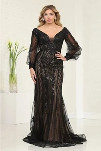 Womens Dresses For Gala Prom Long V-Neck Long Bishop Sleeves Mermaid Plus Size - Picture 1 of 45