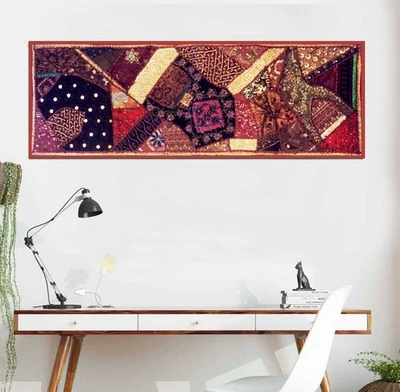 60" RICH VINTAGE DECOR BEADED SEQUIN SARI WALL HANGING TAPESTRY THROW RUNNER - Image 1 of 4