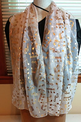 Bufanda/chal/estola/envoltura de colección, transparente, notas musicales metálicas doradas, hendiduras agudas Foto 1 de 4