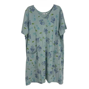 Fresh Produce Blaues Strickkleid Kurzarm Midi Größe 2X Blumenmuster V-Ausschnitt - Bild 1 von 10