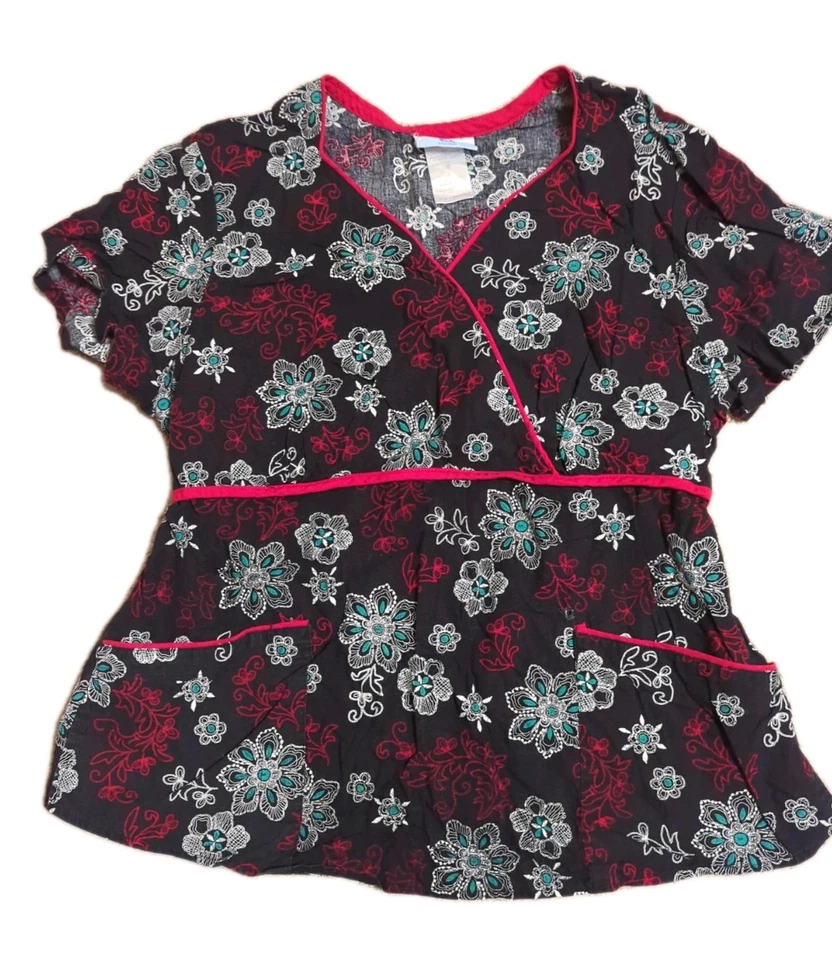 SB Scrubs Floral V-Neck Scrub Top Multi-Color Patterned Large Medical Uniform - Image 1 of 4