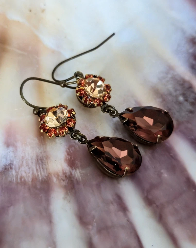 Victorian Autumn Burgundy Swarovski Elements Flower Crystals In Brass  Earrings - Image 1 of 4