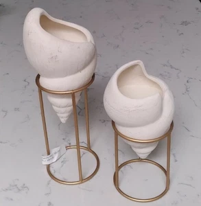 Vintage Seashell Candle Holders on Metal Gold Stands Set of 2 Coastal Beach - Picture 1 of 9