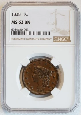 1838 Liberty Head Large Cent MS 63 BN NGC Young Matron Head 1C PENNY US COIN - Image 1 of 4