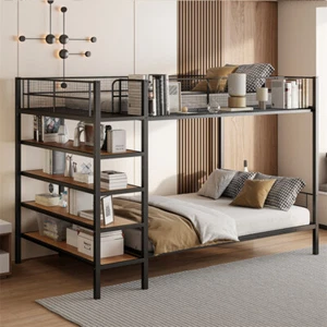 Twin Over Full Metal Bunk Bed w/5-Tier Shelves & Storage Space for Teens Adults  - Picture 1 of 16