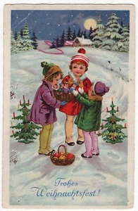 AK Weihnachten, 3 Mädchen mit Korb mit kleinen Puppen, Tannenbäume, Mond - Bild 1 von 2