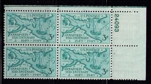 US USA Sc# 984 MNH FVF PLATE # BLOCK Annapolis Maryland Ship Map Estuary - Picture 1 of 1