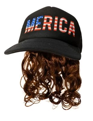 USA Black Mullet Hat Brown Wig Merica Redneck 4th of July All American Costume - Image 1 of 4