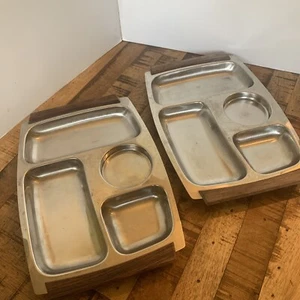 Mid Century SS Food Tray, Wood Handles Hong Kong 4-dividers Pair - Picture 1 of 2