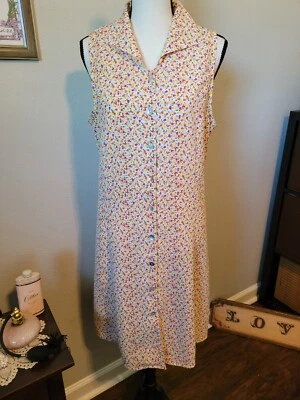 Vestido años 90 blanco con estampado de tulipán línea A por Impressions, sin mangas con botones, talla M Foto 1 de 4