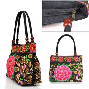 Canvas Shoulder Bag Floral Embroidered Tote Bag Chic Shopping Bag Women - Picture 1 of 9