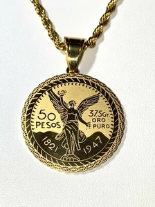 Mexican Gold Peso Coin Pendant Necklace 50 Pesos, 16-24 Inch Chain Skin-Friendly - Picture 1 of 7