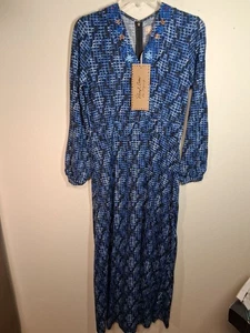 Neu mit Etikett Sheryl Crow Kleid Weboptik bestickt V-Ausschnitt Kaftan Maxi blau Größe Small - Bild 1 von 9