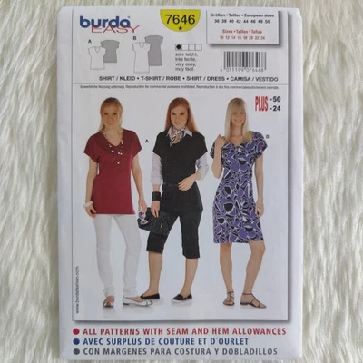 Burda 7646 Sewing Pattern, Dress, Tunic, Semi-Fitted, Two-Way Knit * Size: 10-24 - Image 1 of 3