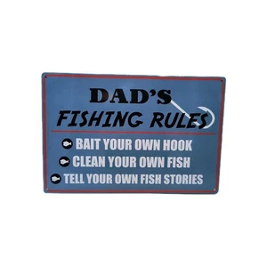 Dad's Fishing Rules Tin Sign Man Cave Decor Bait Clean Stories Funny Gift Garage - Picture 1 of 4