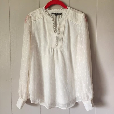 Blusa Sharagano Clásica Ropa de Oficina Clip-Punto Cuello en V Blanco Transparente Pequeña  Foto 1 de 4