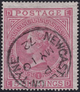 1867 SG126 5s ROSE PLATE 1 WMK MALTESE CROSS VERY FINE NEWCASTLE CDS (ED) - Picture 1 of 2