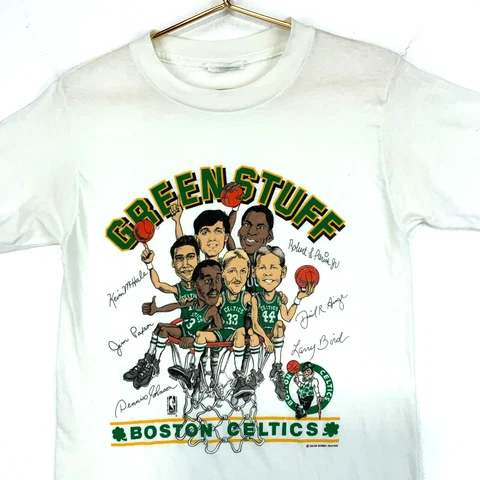 Vintage Boston Celtics Green Stuff Caricature Salem T-shirt Medium White Nba 80s Cover