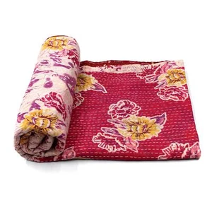 Vintage Quilt Indian Handmade Organic Cotton Bedspread Sashiko Throw Bedding - Picture 1 of 6