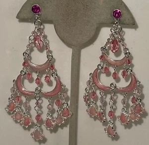 Vintage Silver Tone Pink Rhinestone Dangle Pierced Earrings YB-91 - Picture 1 of 7