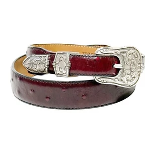 Vtg Justin Western Belt Ostrich Emboss Cowhide Drk Burgundy Sz 28 Womens Kids - Picture 1 of 6