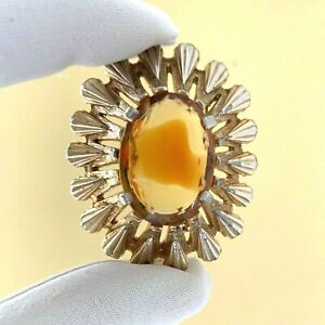 Unusual Vintage Brooch Large Starburst Amber Clear Glass Faceted Stone 50s