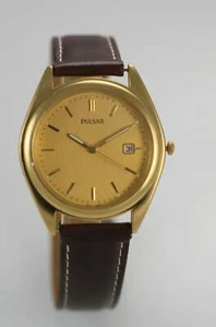 Pulsar Uhr Herren Gold Edelstahl Braunes Leder Datum Wasserdicht Quarz - Bild 1 von 3