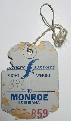 Etiqueta de equipaje Southern Airways Monroe LA muy dañada Foto 1 de 3
