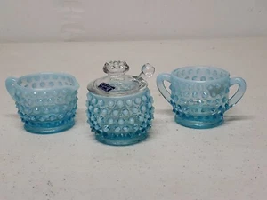 Vintage Fenton BLUE Opalescent Hobnail Creamer Sugar Jam Mustard with Lid - Picture 1 of 9