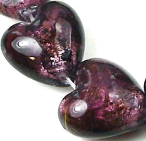 6 Lampwork Handmade Glass Silver Foil Purple Amethyst Heart Beads - Picture 1 of 2