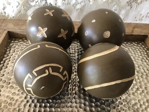 4 PCS HAND CARVED WOODEN BROWN GEOMETRIC  DECORATIVE BALLS 2- 3.5 IN  2-4 In DiA - Picture 1 of 8