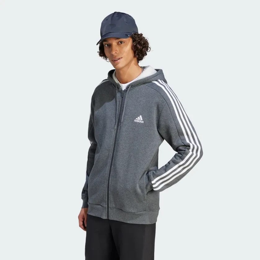Adidas Men's M Essentials Fleece 3-Stripes Full-Zip Hoodie Gray White IJ6480