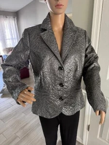 CHICO'S SZ 1=M BLAZER STYLE JACKET CRINKLE METALLICA SILVER CHARCOAL - NICE! - Picture 1 of 9