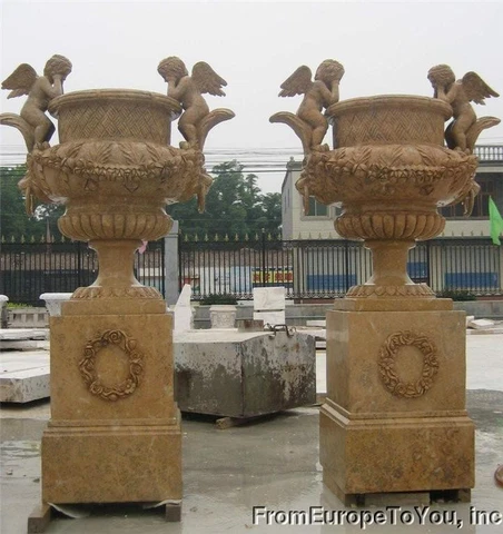 MONUMENTAL HAND CARVED CHERUB MARBLE  PALACE URNS- URN36 Cover